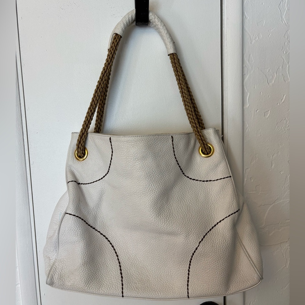 Plinio Visona Cream Leather Shoulder Bag with Brown Rope Handles